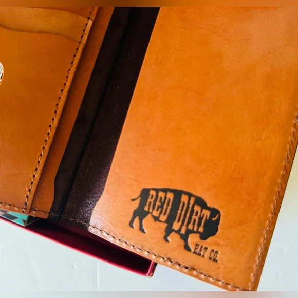 Red Dirt Hat Co Mens Brown Red Aztec Leather Slim Rodeo Bifold Wallet NIB - Picture 5 of 8